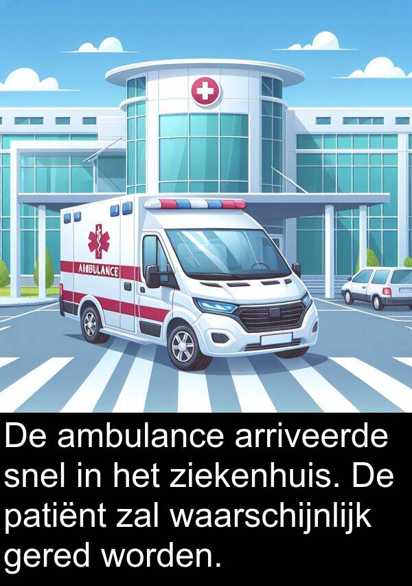 zal: De ambulance arriveerde snel in het ziekenhuis. De patiënt zal waarschijnlijk gered worden.