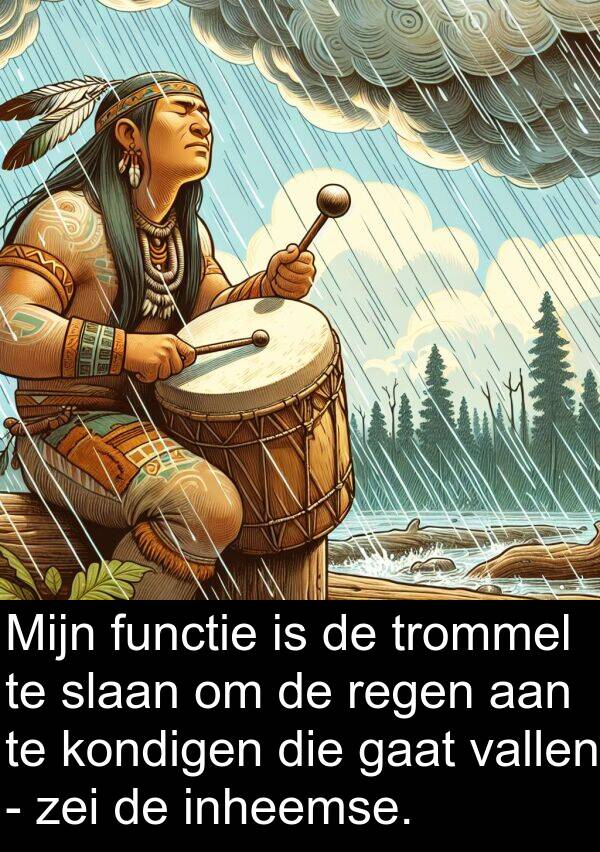 functie: Mijn functie is de trommel te slaan om de regen aan te kondigen die gaat vallen - zei de inheemse.