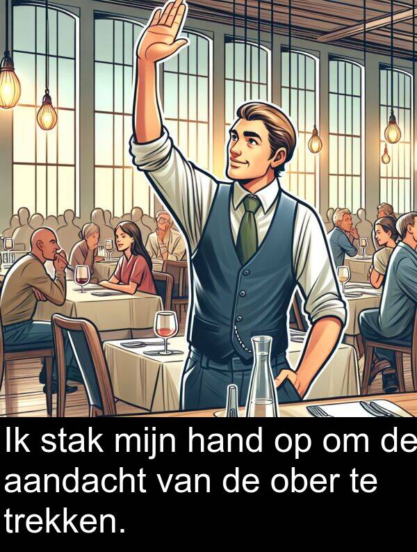 stak: Ik stak mijn hand op om de aandacht van de ober te trekken.