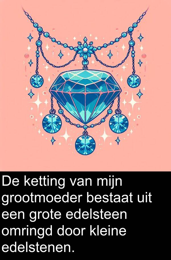 grootmoeder: De ketting van mijn grootmoeder bestaat uit een grote edelsteen omringd door kleine edelstenen.