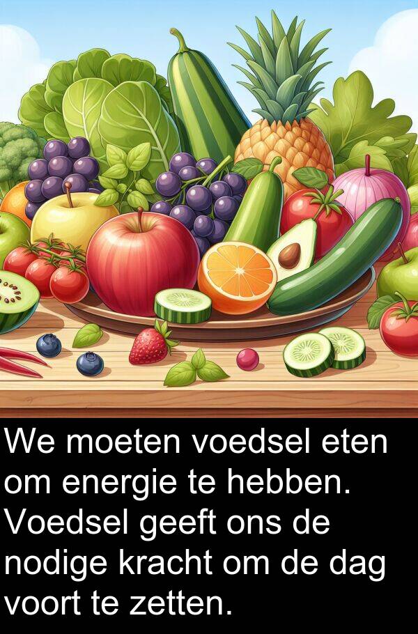 moeten: We moeten voedsel eten om energie te hebben. Voedsel geeft ons de nodige kracht om de dag voort te zetten.