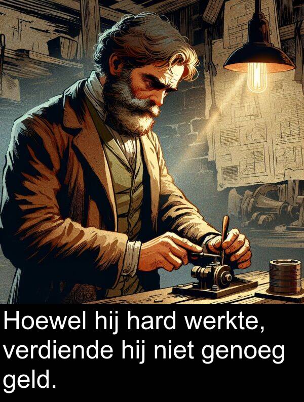 geld: Hoewel hij hard werkte, verdiende hij niet genoeg geld.