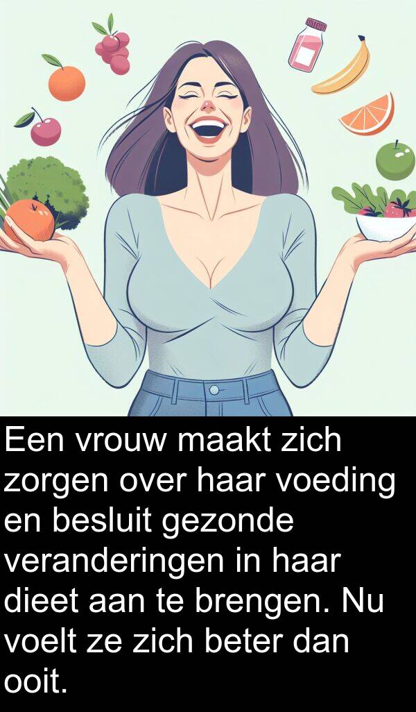 gezonde: Een vrouw maakt zich zorgen over haar voeding en besluit gezonde veranderingen in haar dieet aan te brengen. Nu voelt ze zich beter dan ooit.
