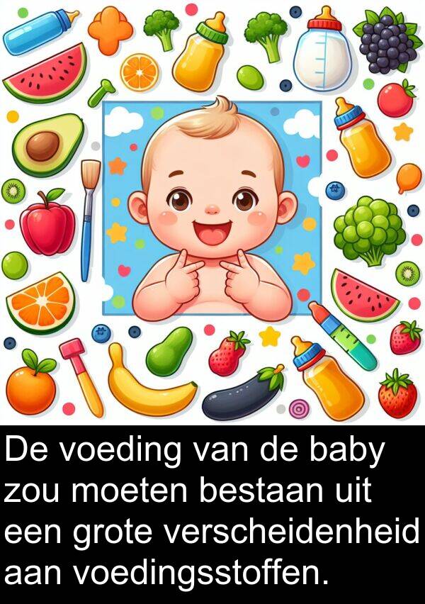 verscheidenheid: De voeding van de baby zou moeten bestaan uit een grote verscheidenheid aan voedingsstoffen.