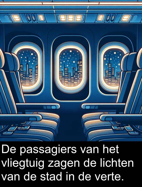 zagen: De passagiers van het vliegtuig zagen de lichten van de stad in de verte.