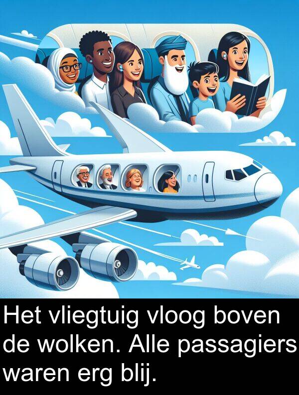 boven: Het vliegtuig vloog boven de wolken. Alle passagiers waren erg blij.