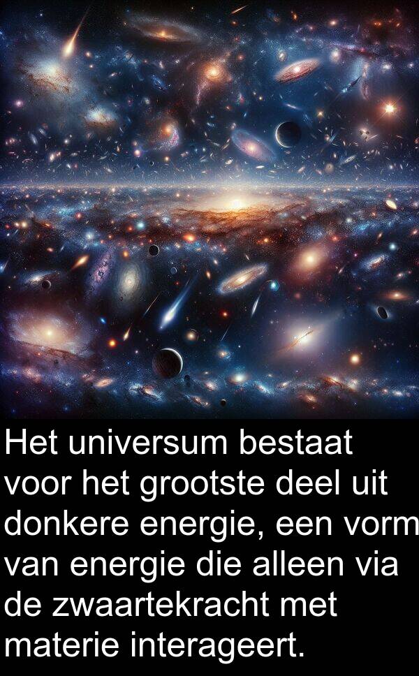grootste: Het universum bestaat voor het grootste deel uit donkere energie, een vorm van energie die alleen via de zwaartekracht met materie interageert.