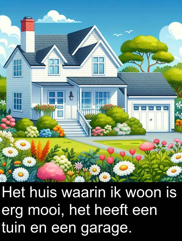 woon: Het huis waarin ik woon is erg mooi, het heeft een tuin en een garage.