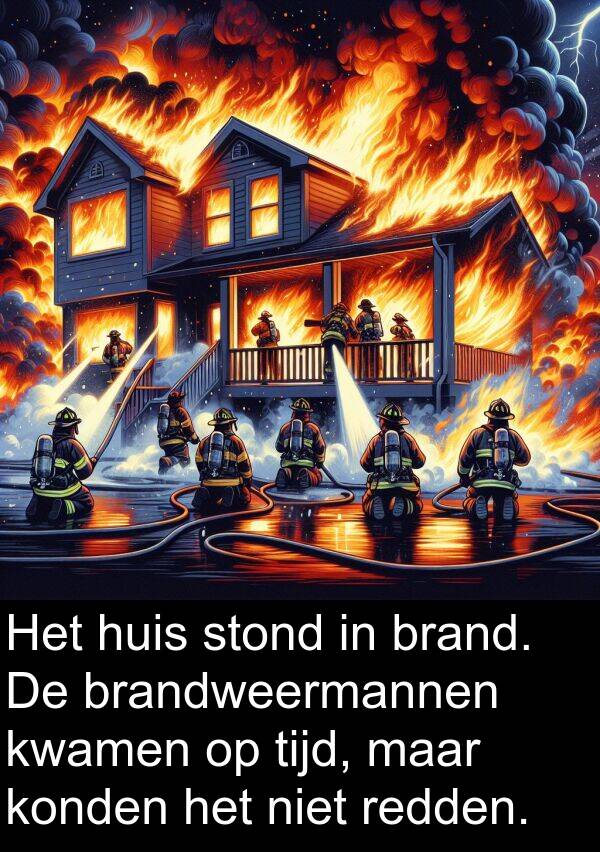 tijd: Het huis stond in brand. De brandweermannen kwamen op tijd, maar konden het niet redden.