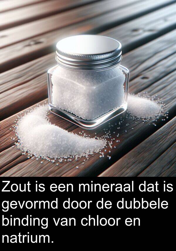 gevormd: Zout is een mineraal dat is gevormd door de dubbele binding van chloor en natrium.