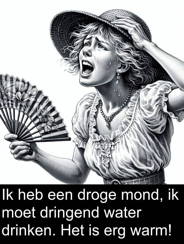 droge: Ik heb een droge mond, ik moet dringend water drinken. Het is erg warm!