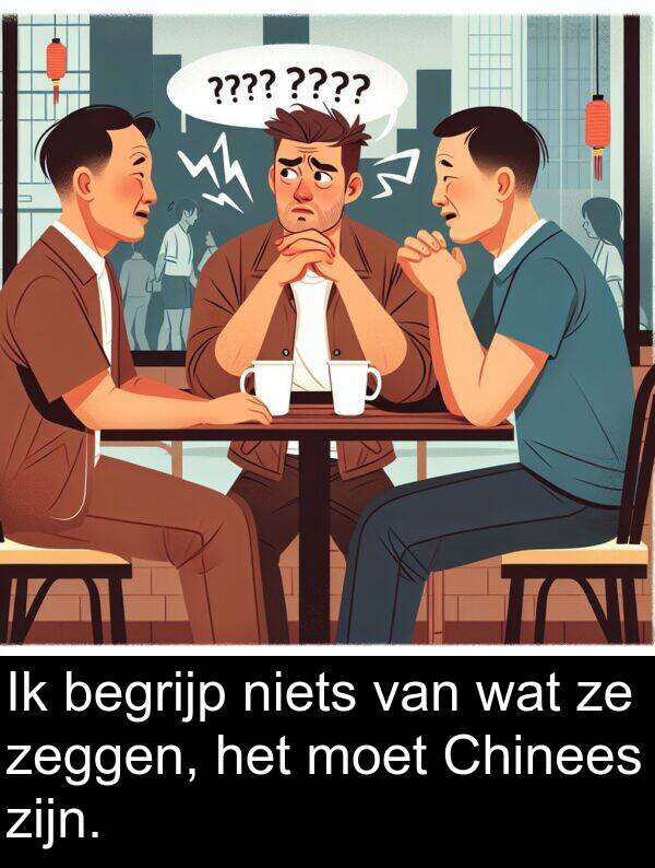 moet: Ik begrijp niets van wat ze zeggen, het moet Chinees zijn.