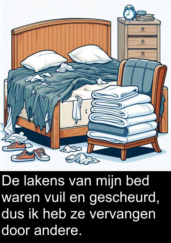 dus: De lakens van mijn bed waren vuil en gescheurd, dus ik heb ze vervangen door andere.