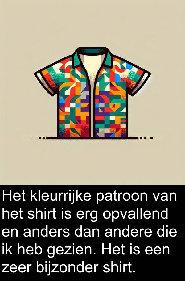 gezien: Het kleurrijke patroon van het shirt is erg opvallend en anders dan andere die ik heb gezien. Het is een zeer bijzonder shirt.
