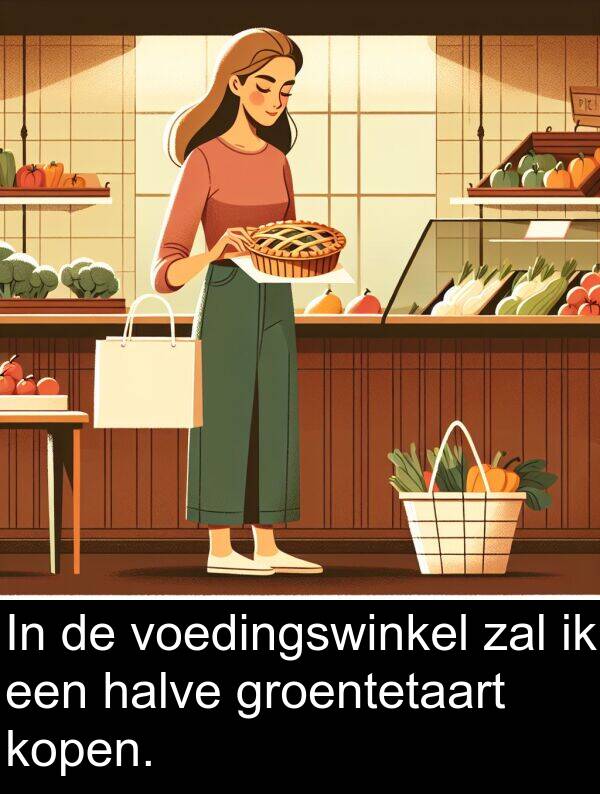 groentetaart: In de voedingswinkel zal ik een halve groentetaart kopen.