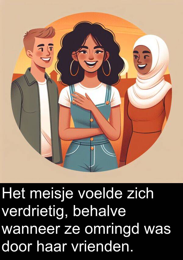 behalve: Het meisje voelde zich verdrietig, behalve wanneer ze omringd was door haar vrienden.