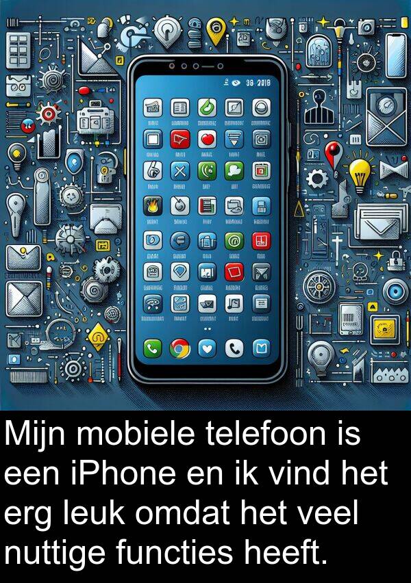 functies: Mijn mobiele telefoon is een iPhone en ik vind het erg leuk omdat het veel nuttige functies heeft.