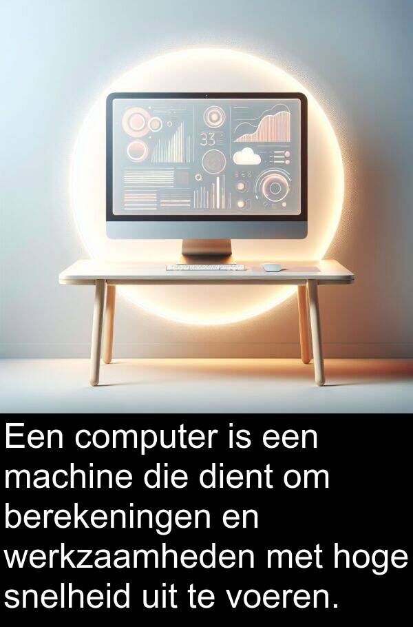 voeren: Een computer is een machine die dient om berekeningen en werkzaamheden met hoge snelheid uit te voeren.