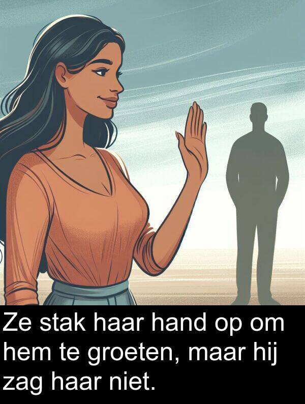 groeten: Ze stak haar hand op om hem te groeten, maar hij zag haar niet.