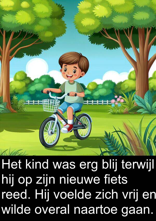 overal: Het kind was erg blij terwijl hij op zijn nieuwe fiets reed. Hij voelde zich vrij en wilde overal naartoe gaan.