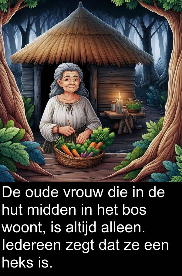 vrouw: De oude vrouw die in de hut midden in het bos woont, is altijd alleen. Iedereen zegt dat ze een heks is.