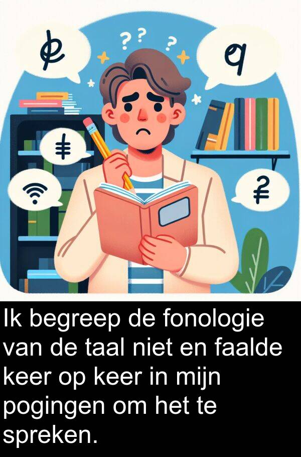 fonologie: Ik begreep de fonologie van de taal niet en faalde keer op keer in mijn pogingen om het te spreken.