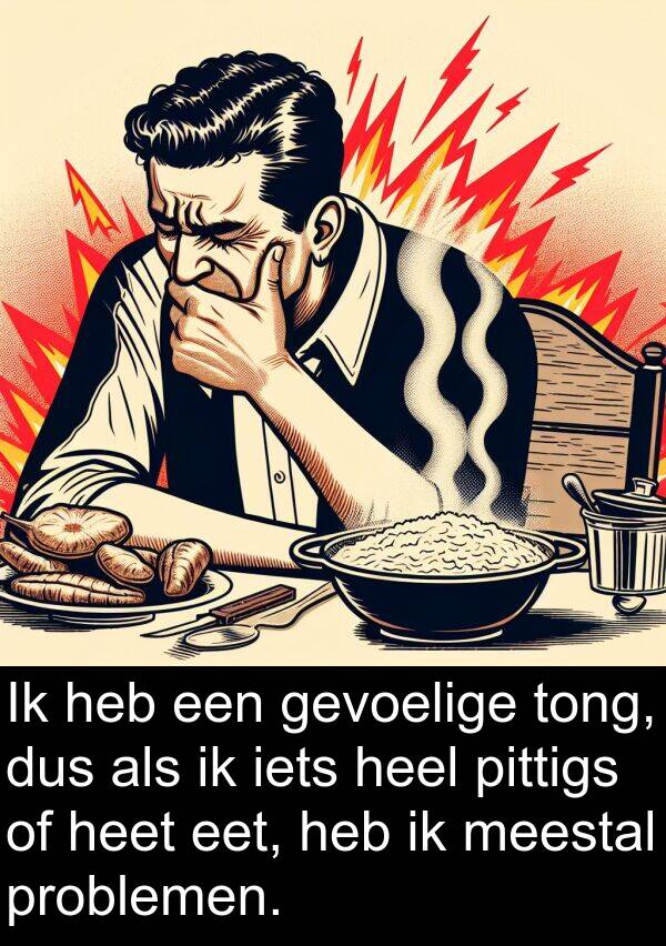gevoelige: Ik heb een gevoelige tong, dus als ik iets heel pittigs of heet eet, heb ik meestal problemen.