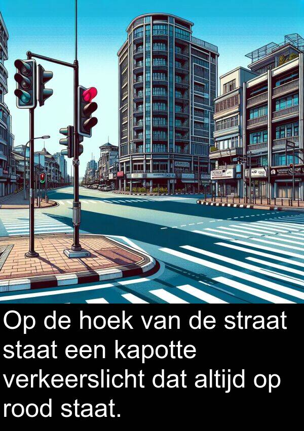 hoek: Op de hoek van de straat staat een kapotte verkeerslicht dat altijd op rood staat.