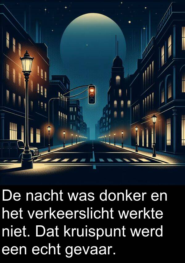 gevaar: De nacht was donker en het verkeerslicht werkte niet. Dat kruispunt werd een echt gevaar.