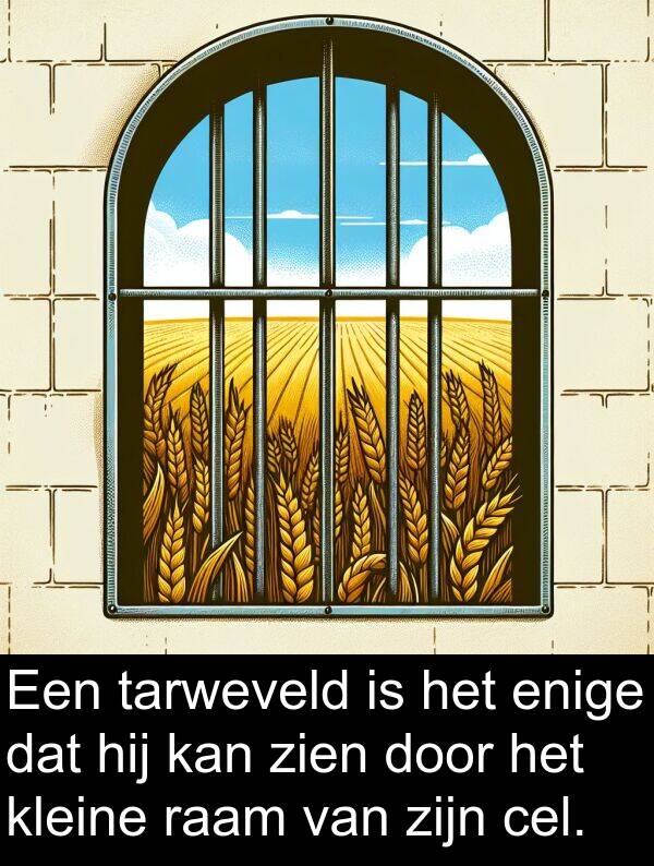zien: Een tarweveld is het enige dat hij kan zien door het kleine raam van zijn cel.