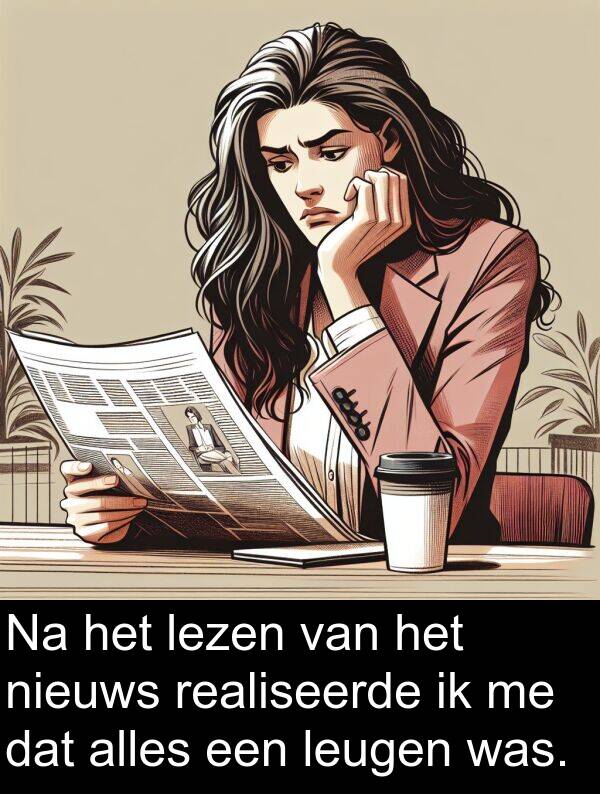 alles: Na het lezen van het nieuws realiseerde ik me dat alles een leugen was.