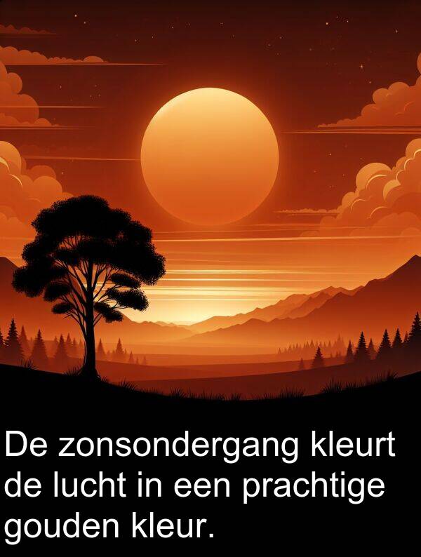 gouden: De zonsondergang kleurt de lucht in een prachtige gouden kleur.