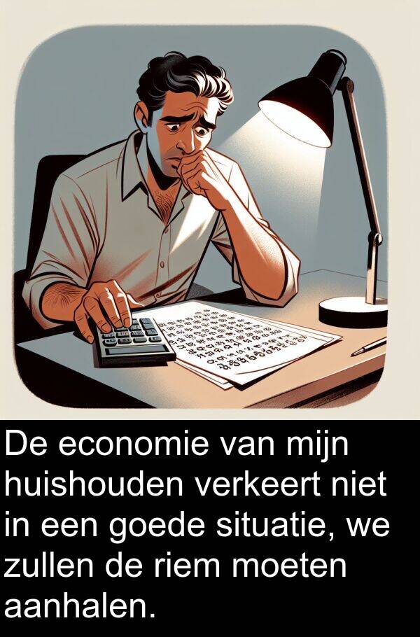 goede: De economie van mijn huishouden verkeert niet in een goede situatie, we zullen de riem moeten aanhalen.