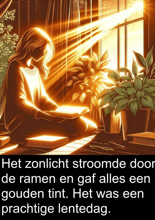 gouden: Het zonlicht stroomde door de ramen en gaf alles een gouden tint. Het was een prachtige lentedag.