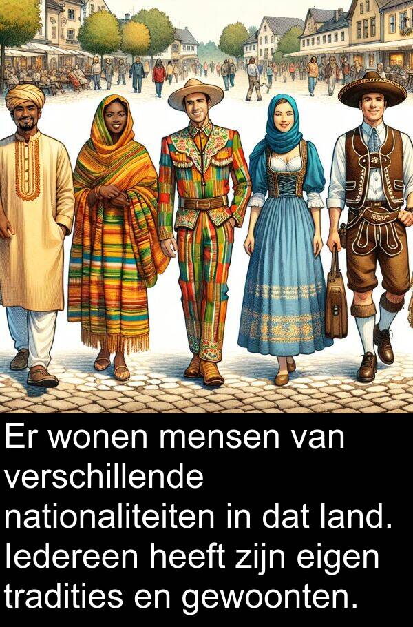 gewoonten: Er wonen mensen van verschillende nationaliteiten in dat land. Iedereen heeft zijn eigen tradities en gewoonten.
