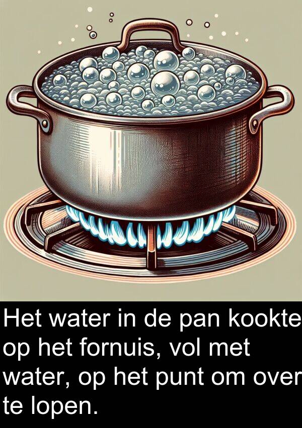 fornuis: Het water in de pan kookte op het fornuis, vol met water, op het punt om over te lopen.