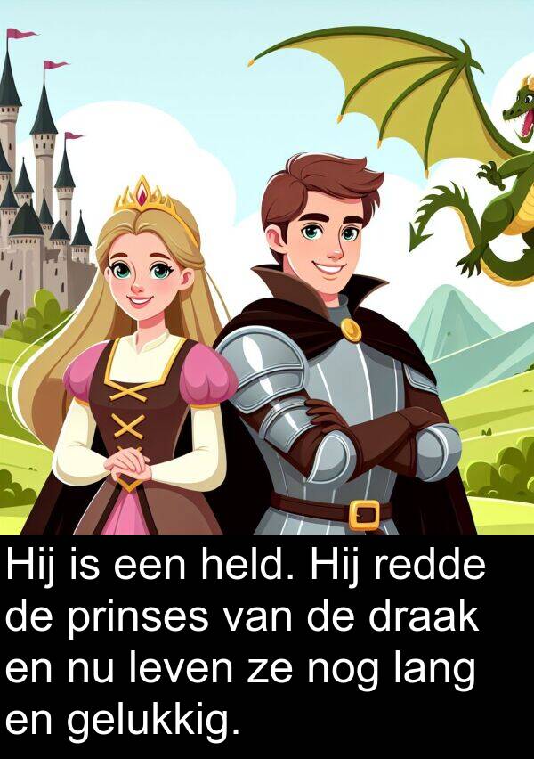gelukkig: Hij is een held. Hij redde de prinses van de draak en nu leven ze nog lang en gelukkig.