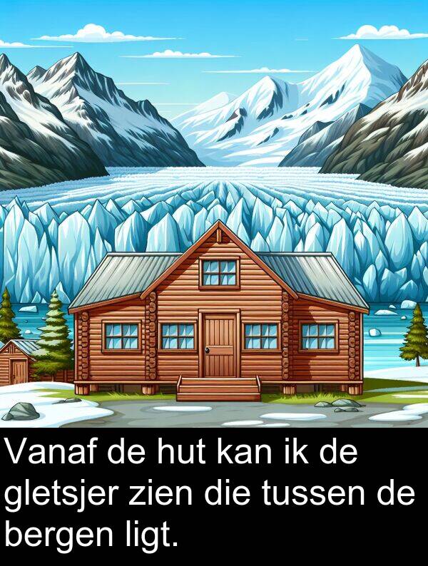 gletsjer: Vanaf de hut kan ik de gletsjer zien die tussen de bergen ligt.
