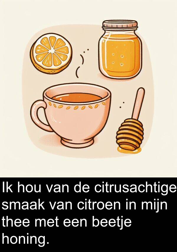 smaak: Ik hou van de citrusachtige smaak van citroen in mijn thee met een beetje honing.