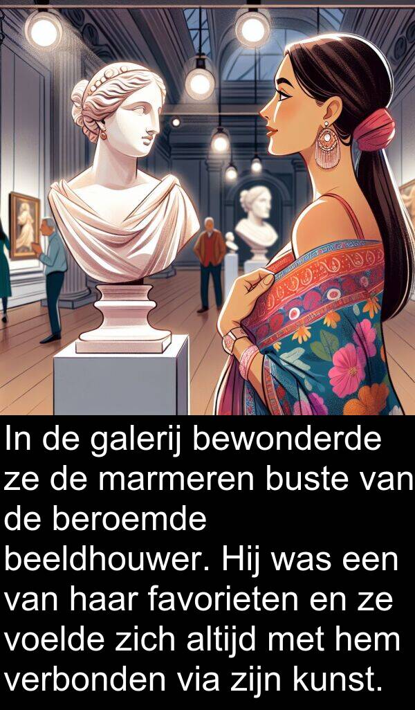 bewonderde: In de galerij bewonderde ze de marmeren buste van de beroemde beeldhouwer. Hij was een van haar favorieten en ze voelde zich altijd met hem verbonden via zijn kunst.