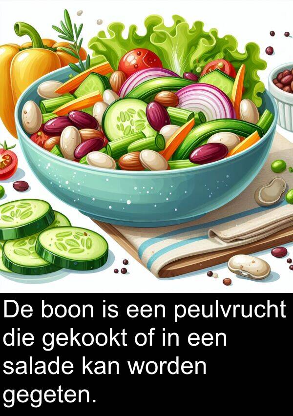 gekookt: De boon is een peulvrucht die gekookt of in een salade kan worden gegeten.