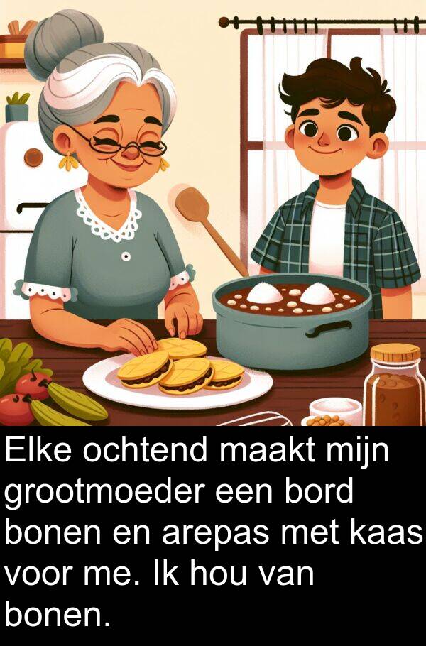 grootmoeder: Elke ochtend maakt mijn grootmoeder een bord bonen en arepas met kaas voor me. Ik hou van bonen.