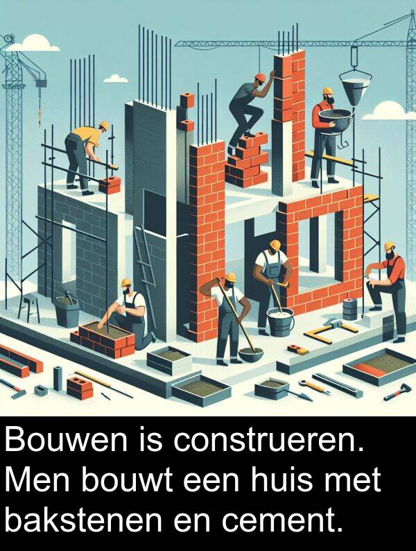 bakstenen: Bouwen is construeren. Men bouwt een huis met bakstenen en cement.