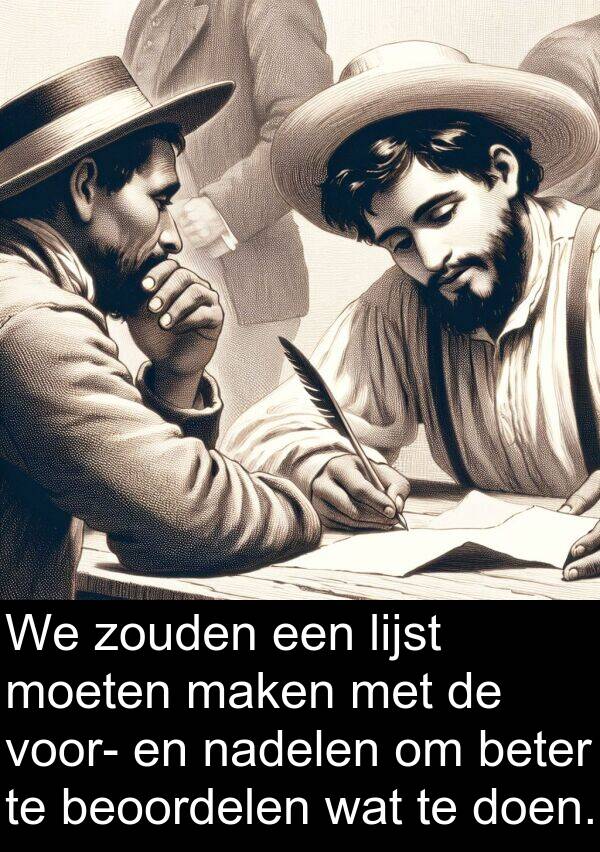 moeten: We zouden een lijst moeten maken met de voor- en nadelen om beter te beoordelen wat te doen.