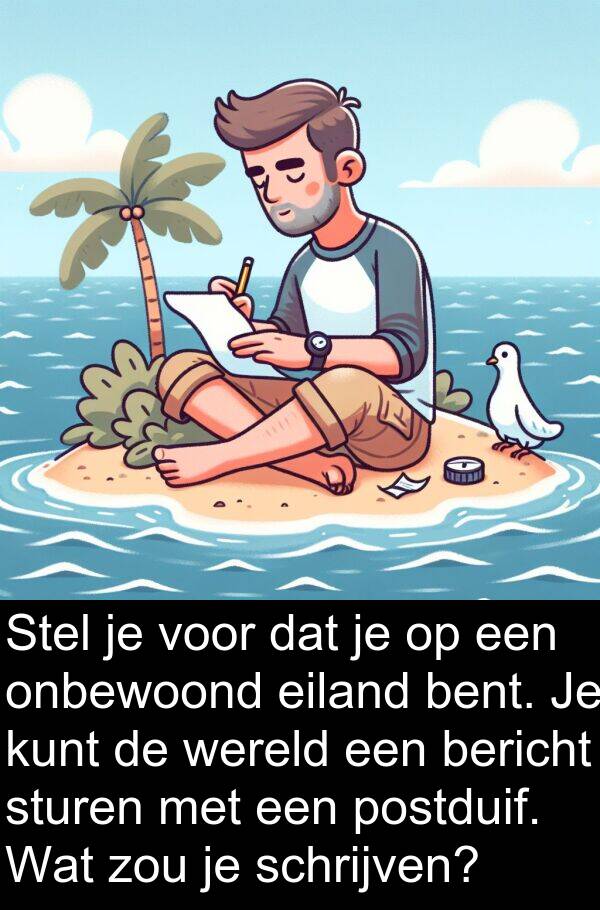 schrijven: Stel je voor dat je op een onbewoond eiland bent. Je kunt de wereld een bericht sturen met een postduif. Wat zou je schrijven?