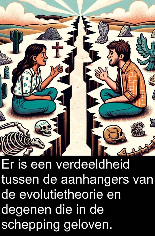geloven: Er is een verdeeldheid tussen de aanhangers van de evolutietheorie en degenen die in de schepping geloven.
