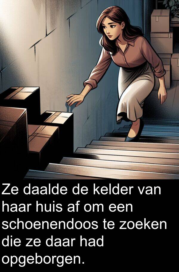 zoeken: Ze daalde de kelder van haar huis af om een schoenendoos te zoeken die ze daar had opgeborgen.
