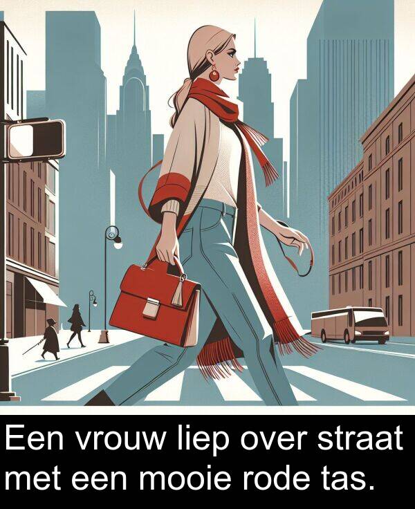 over: Een vrouw liep over straat met een mooie rode tas.