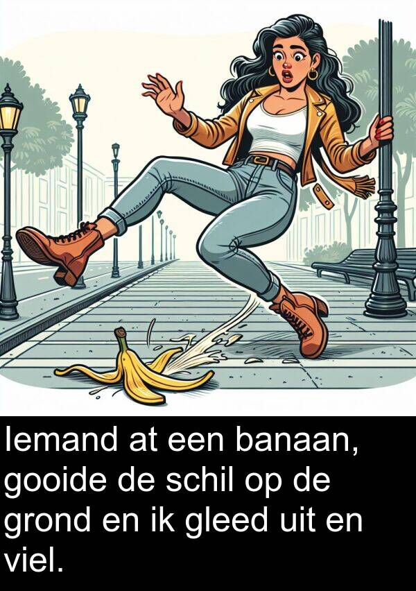 grond: Iemand at een banaan, gooide de schil op de grond en ik gleed uit en viel.
