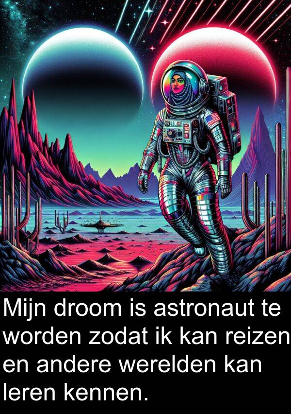 droom: Mijn droom is astronaut te worden zodat ik kan reizen en andere werelden kan leren kennen.